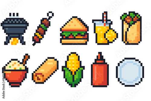 Pixel food icon set: fast food, bbq, and drink pixel art icons pack