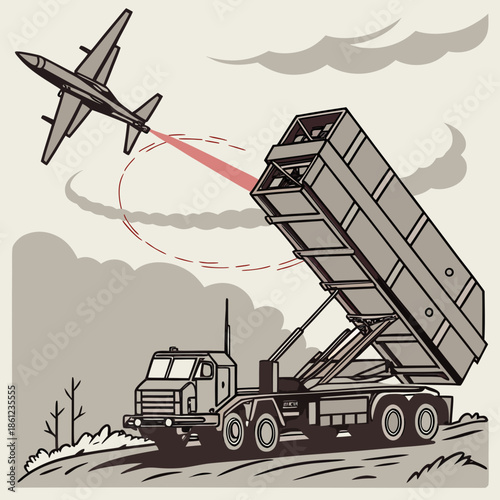 Military missile defense platform firing upward at airplane 1