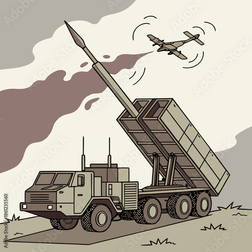 Military missile defense platform firing upward at airplane