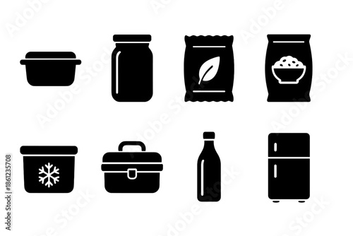 Food storage solid icon set. Containers, jars, packaging, refrigerator solid icons.