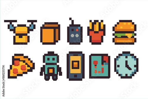 Retro 8-bit food and tech icon set for vintage gaming and digital projects