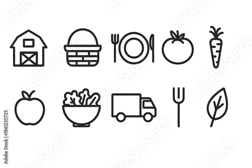 Agriculture and farming outline icon set. Harvest, food, organic symbols collection