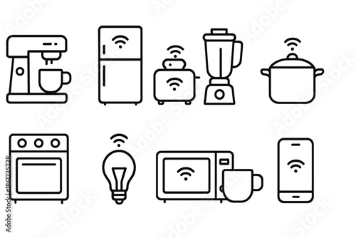 Smart home appliances linear icon set. Kitchen, cooking, and connectivity icons collection
