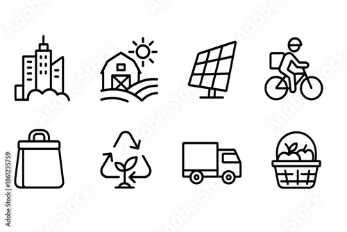 “Sustainable living outline icon set. Eco-friendly, environment, recycling icons”