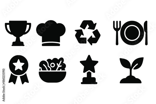 Achievement and sustainability silhouette icon set: awards, recycling, dining symbols