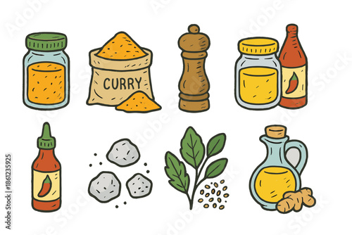 Spices and herbs hand-drawn icon set. Pepper, curry, chili, ingredients collection.