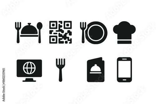 Restaurant and dining silhouette icon set. Qr code, cutlery, chef hat silhouette series