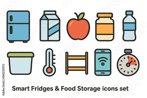 Smart fridges and food storage line icon set for home organization