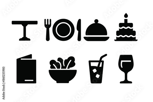 Dining and restaurant silhouette icon set. Food, beverage, dinner symbols collection