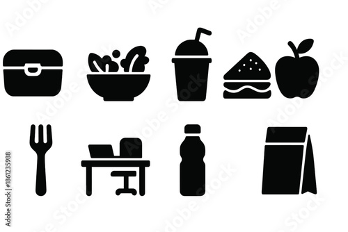 Food and office silhouette icon set. Meal, workspace symbols silhouette collection