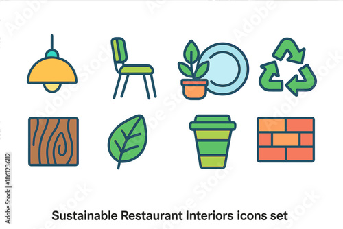 Restaurant interiors outline icon set. Sustainable decor icons for eco-friendly spaces.
