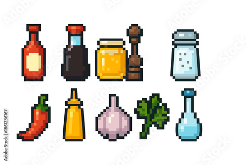Pixel food ingredients icon set. Sauce, spice, salt, pepper pixel art collection