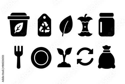 Waste management silhouette icon set. Recycling, sustainability solid icon collection.