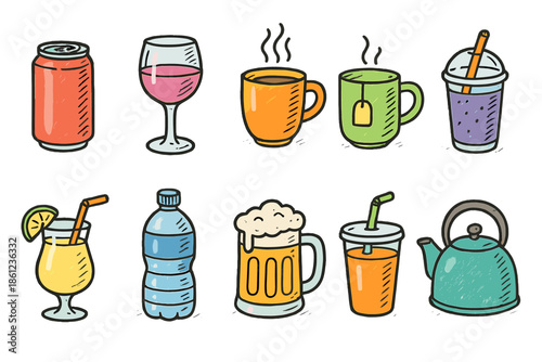 Beverage, drink doodle icon set. Hand-drawn, sketch style for refreshments and drinks