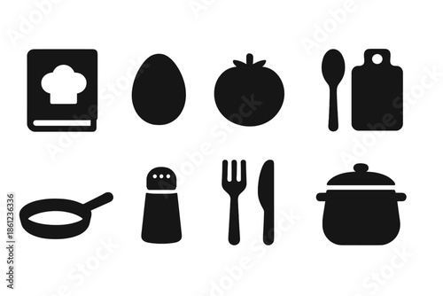 Cooking and kitchen silhouette icon set. Gourmet, culinary tools silhouette collection