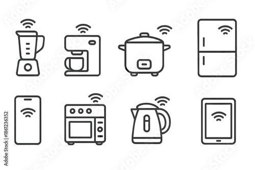Smart home appliance outline icon set. Kitchen gadgets, wireless tech icons.