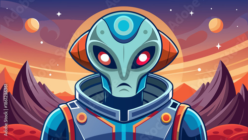 A calm alien with human-like eyes and emotions, dressed in minimalist futuristic attire, representing coexistence between humanity and outer space civilizations through symbolic vector art.