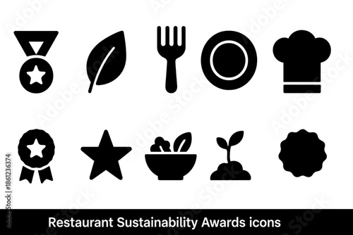 Restaurant sustainability icon set. Awards, eco-friendly symbols in flat style.