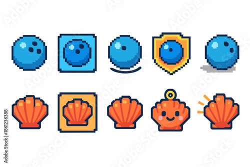 Pixel art icon set: bowling and seashells in a fun, filled style collection