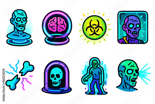 Zombie, horror neon icon set. Creepy, scary, halloween icons in neon glow style".