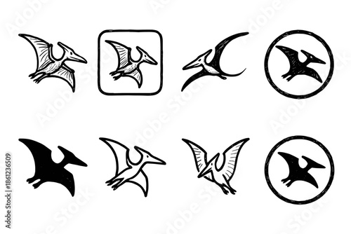 Dinosaur silhouette icon set. Prehistoric pterodactyl shapes collection in silhouette style