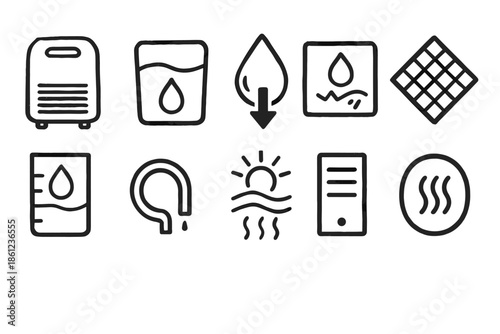 Humidity control outline icon set. Dehumidifier, moisture, water level vector icons