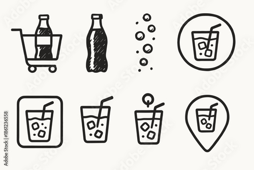 Beverage, bottle outline icon set. Shopping, drink bubbles collection in outline style
