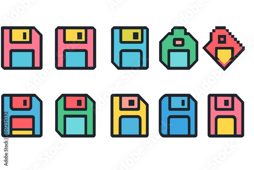 Vintage diskette icon set. Retro technology, storage flat icons collection