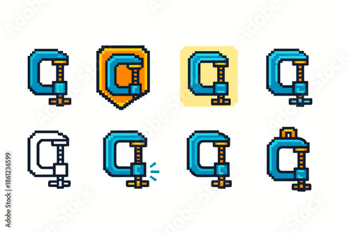 Clamp, tool pixel icon set. Hardware, construction icons pixel collection