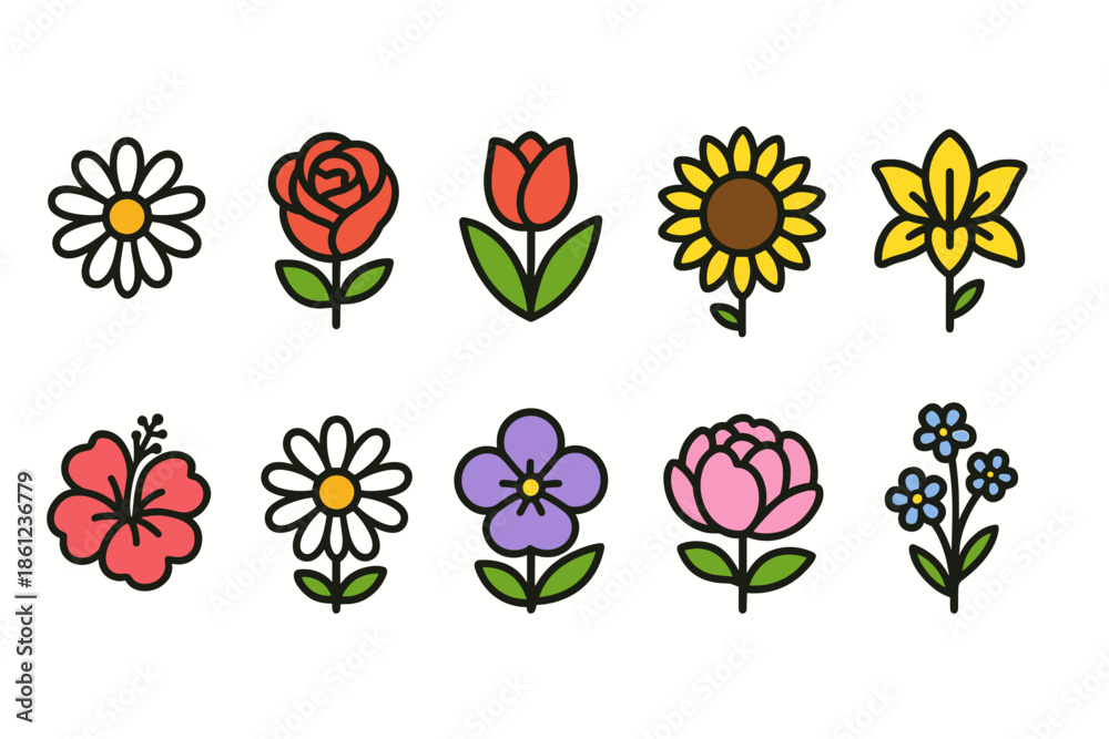Fototapeta premium Flower flat icon set. Vibrant nature, floral, botanical symbols collection