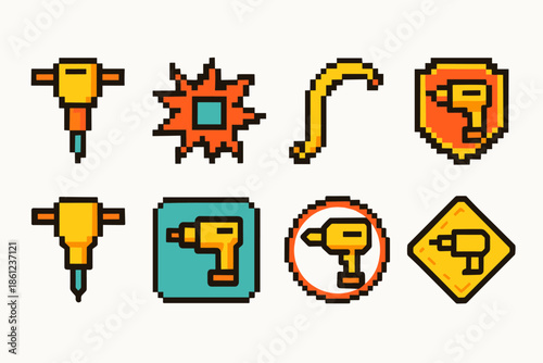 Drill tools icon set. Construction, safety equipment pixel icons collection