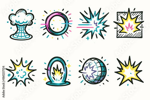 Explosion, impact outline icon set. Dynamic, explosive elements with outline style.