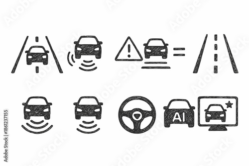 Autonomous driving outline icon set. Ai, vehicle, sensor, road safety icons collection