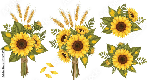 Watercolor illustration set featuring vibrant sunflowers and golden wheat bouquets, perfect for autumn harvest designs and rustic decorations.