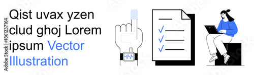 Technology use, productivity, task management, smart devices, remote work, modern tools. Hand with smartwatch, checklist person on laptop. Productivity and task management concept
