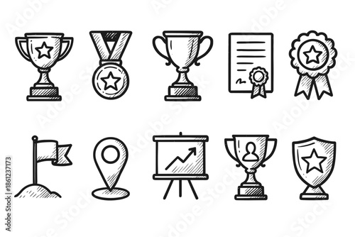 Awards and achievement filled icon set. Trophies, medals, certificates filled icons