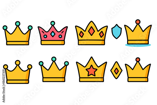 Crown, royalty flat icon set. Royal, regal, majesty icons flat collection