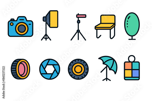 “Photography and studio equipment icon set. Camera, lighting icons flat collection”