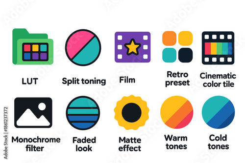 Video editing, lut solid icon set. Color grading, retro, cinematic icons collection