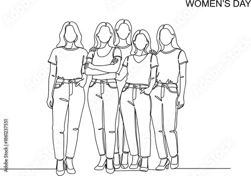 International Women's Day Greeting with Diverse Group of Women Standing Together Continuous Line Art Illustration
