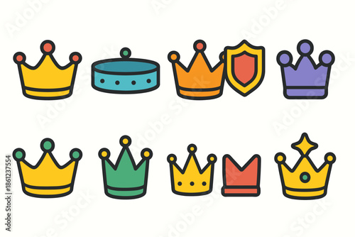 Royalty, crown icon set. Line style royalty and regal symbols collection