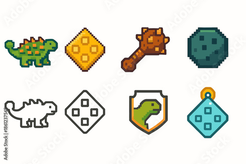 Pixel art dinosaur icon set. Retro, game elements in vivid colors and outline style
