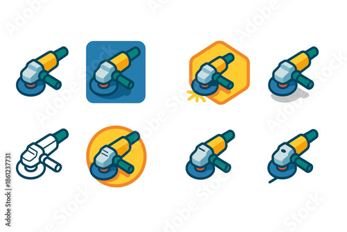 Construction repair tools flat icon set. Workshop, equipment, grinder graphics pack