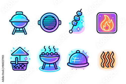 Neon barbecue icon set. Grill and outdoor cooking in vibrant linear style