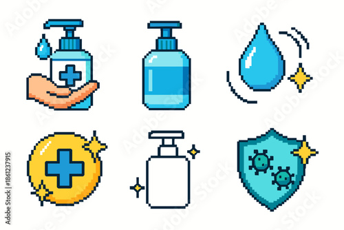 Pixel art hygiene icon set. Soap, sanitizer, health 8-bit icons collection
