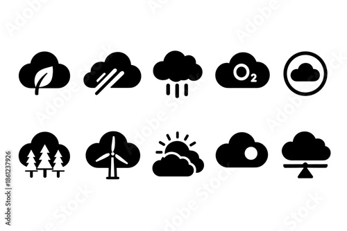 Weather and nature solid icon set. Climate, environment, eco symbols collection