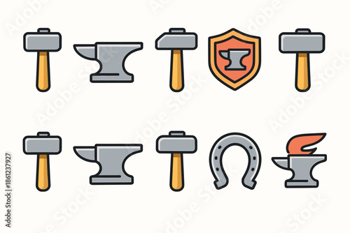 Blacksmith tools icon set. Forge, hammer, anvil, horseshoe icons flat collection