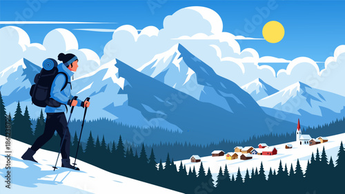 Winter mountain village vector illustration with a hiker walking in the snow towards a snowy landscape and sun