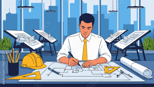 Professional architect working on a blueprint in a modern office, vector illustration of an engineer designing a building