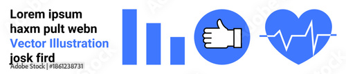 Data analysis, satisfaction ratings, health tracking, social feedback, trends, medical insights. Bar chart, thumbs up and heart with heartbeat line. Data analysis and satisfaction ratings